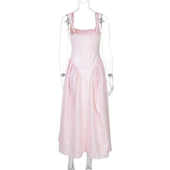 ✨ NEW Pink Gingham Print Full Skirt Midi Dress - Picture 6 of 15